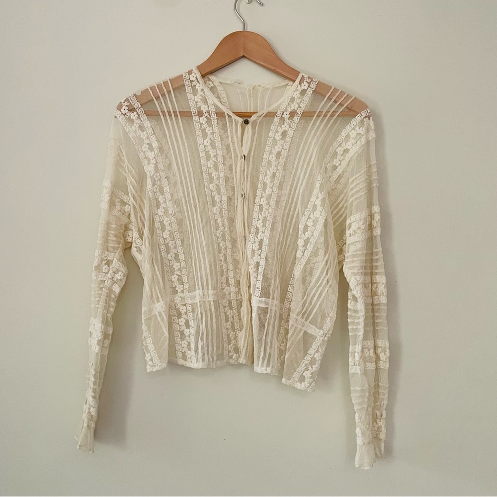 Antique Edwardian Women's Blouse - Sheer Cotton Net - Floral / Geometric Crochet